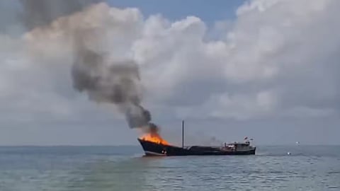 ship loaded with rice and sugar catches fire at porbandar subhash nagar jetty