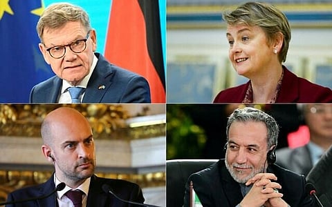 This combination of pictures shows (from top L to down R) German Foreign Minister Johann Wadephul, Britain's Foreign Secretary Yvette Cooper, France's Minister for Europe and Foreign Affairs Jean-Noel Barrot, and Iran's Foreign Minister Abbas Araghchi