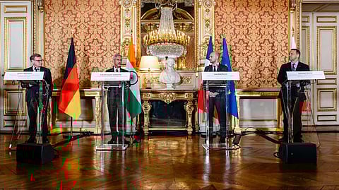 External Affairs Minister S Jaishankar with German Foreign Minister Johann Wadephul (extreme left), French Foreign Minister Jean-Noel Barrot (right) and Polish Foreign Minister Radosław Sikorski (extreme right) in Paris