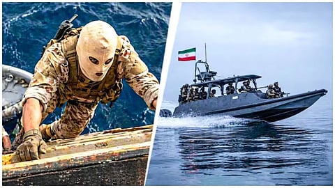 Iranian soldiers wearing face masks board Indian ship