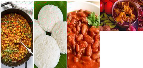 Idli,chana masala and rajma,chicken chaat, 