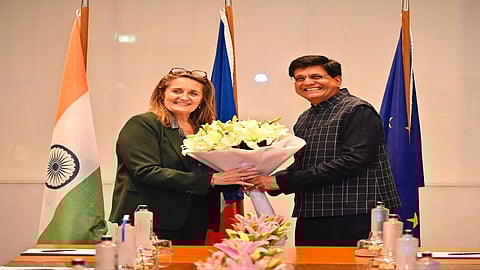 French foreign trade minister Sophie Primas is being greeted by Commerce Minister Piyush Goyal