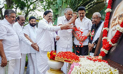 Kerala Chief Minister Pinarayi Vijayan with Tamil Nadu Chief Minister MK Stalin pays tribute to a portrait of Dravidar Kazhagam founder Periyar E V Ramasamy during the inauguration of the Thanthai Periyar Memorial and Periyar Library, established in his honour, at Vaikom in Kottayam, Thursday, Dec. 12, 2024.