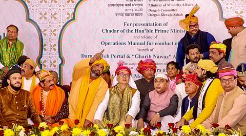 Union Minister for Minority Affairs Kiren Rijiju at the shrine of Sufi saint Khwaja Moinuddin Chishti to offer a ceremonial 'chadar' on behalf of Prime Minister Narendra Modi, in Ajmer, Rajasthan, Saturday, Jan. 4, 2025.