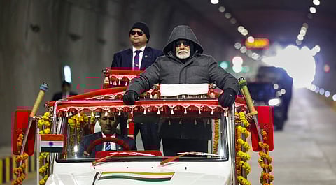 Prime Minister Narendra Modi travels through the  Z-Morh tunnel in the Sonamarg area of Jammu and Kashmir after its inauguration.