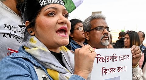 People stage a protest near the Sealdah court during the pronouncement of sentence in the case of alleged rape and murder of an on-duty doctor at the R G Kar Medical College and Hospital after conviction of accused Sanjay Roy, in Kolkata, Monday, Jan. 20, 2025.