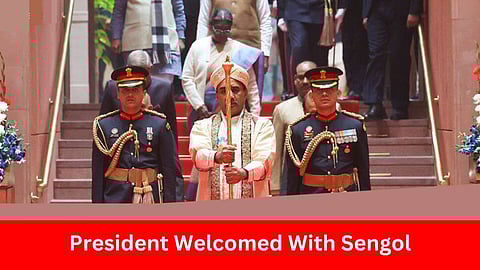 President Droupadi Murmu arrives in the Parliament for the budget session