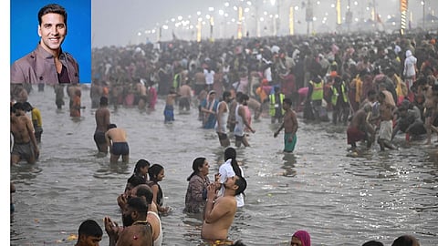 Bollywood superstar Akshay Kumar on Monday took a holy dip in sangam at the Maha Kumbh Mela in Prayagraj where he lauded Uttar Pradesh Chief Minister Yogi Adityanath's efforts.