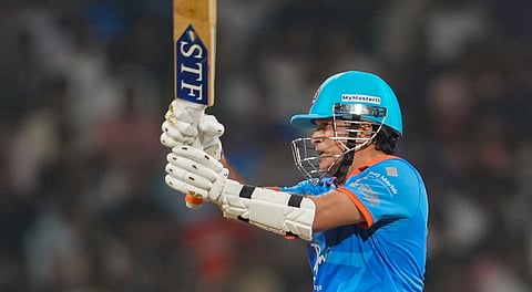 India Masters' Sachin Tendulkar plays a shot during an International Masters League cricket match between India Masters and England Masters, at DY Patil stadium in Navi Mumbai, Maharashtra, Tuesday, Feb. 25, 2025.