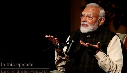 Prime Minister Narendra Modi during a podcast with Lex Fridman, in New Delhi, Sunday, March 16, 2025. 
