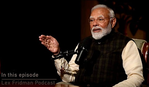 Prime Minister Narendra Modi during a podcast with Lex Fridman, in New Delhi, Sunday, March 16, 2025. 