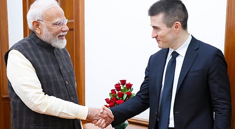 Prime Minister Narendra Modi shakes hands with Lex Fridman after their podcast, Sunday, March 16, 2025.
