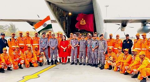 An 80-member team of NDRF prepares to depart for earthquake-hit Myanmar to assist in rescue operations, Saturday, March 29, 2025. 