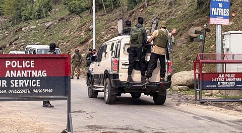Police under strict vigil, after terrorists attacked a group of tourists at Pahalgam, in Anantnag district, Jammu & Kashmir, Tuesday, April 22, 2025.