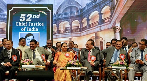 Chief Justice of India Bhushan Ramkrishna Gavai with Chief Justice of Bombay High Court Alok Aradhe and Supreme Court judges Justice Surya Kant, Justice Abhay Shreeniwas Oka and Justice Dipankar Datta during the State Lawyers Conference, in Mumbai, Sunday, May 18, 2025.