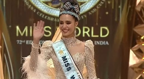 Thailand's Opal Suchata Chuangsri reacts after being crowned Miss World at the 72nd Miss World finale in Hyderabad, India, May 31, 2025.