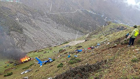 Seven people were killed as a helicopter carrying them from the Kedarnath shrine in Uttarakhand crashed early Sunday in the forests of Gaurikund amid poor visibility.