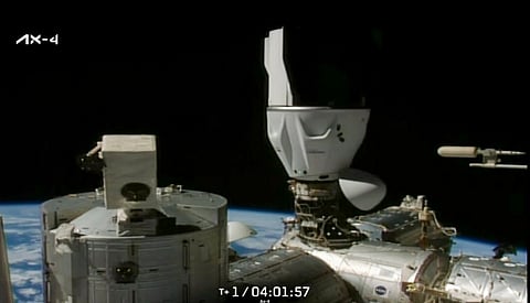 In this screengrab from a video posted by @SpaceX via X on June 26, 2025, Dragon spacecraft with India's Shubhanshu Shukla and three other astronauts onboard during its docking with the International Space Station, as part of the Axiom-4 mission.