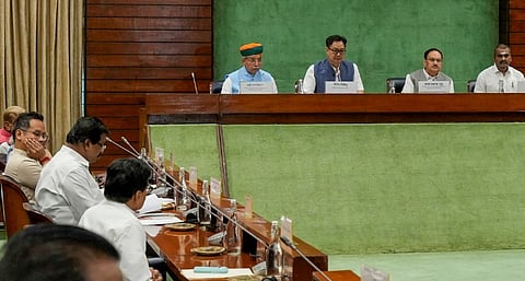 Union Ministers J.P. Nadda and Kiren Rijiju and Ministers of State Arjun Ram Meghwal and L. Murugan during the all-party meeting ahead of the Monsoon session of Parliament, in New Delhi, Sunday, July 20, 2024.