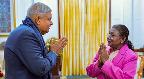 President Droupadi Murmu being greeted by Vice President Jagdeep Dhankhar at the Rashtrapati Bhavan, in New Delhi.