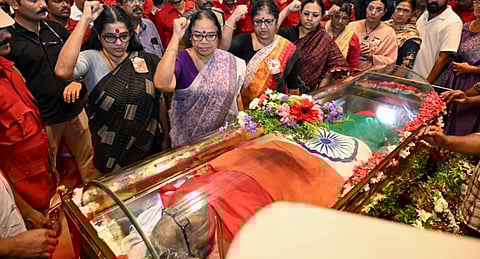 Kerala Ministers R Bindu and Veena George, CPI(M) leaders C S Sujatha and P K Sreemathy and others pay homage to former Kerala chief minister and CPI (M) leader VS Achuthanandan during a tribute ceremony at Municipal Recreation Ground, in Alappuzha, Wednesday, July 23, 2025.