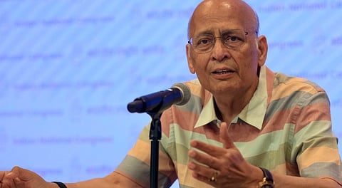 Congress leader Abhishek Manu Singhvi addresses a press conference, in New Delhi.