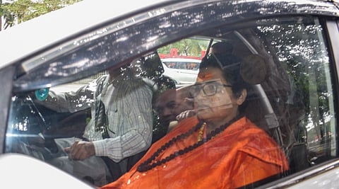 Former BJP MP Pragya Thakur, who was an accused in the 2008 Malegaon blast case, on her way to a sessions court, in Mumbai, Thursday, July 31, 2025. 