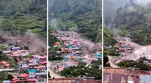 Various views of the landslides and flash floods triggered by a cloudburst in Dharali of Uttarkashi district, Uttarakhand.