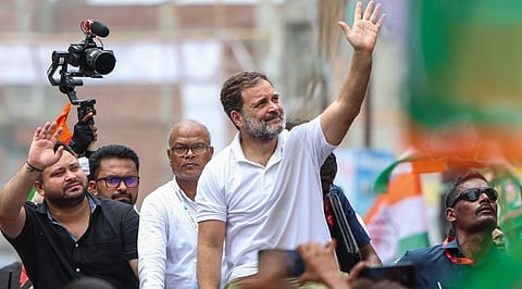 Congress leader Rahul Gandhi with LoP in Bihar Assembly and RJD leader Tejashwi Yadav, along with Bihar Congress President Rajesh Kumar, during his 'Voter Adhikar Yatra', in Aurangabad district, Bihar, Monday, Aug. 18, 2025.