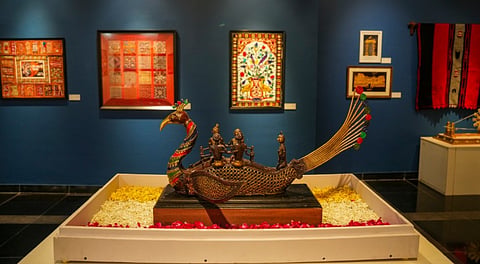 A memento presented to Prime Minister Narendra Modi, being displayed at National Gallery of Modern Art in New Delhi, Tuesday, Sept. 16, 2025.