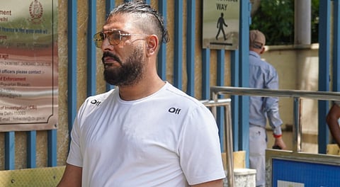 ormer cricketer Yuvraj Singh arrives to appear before the Enforcement Directorate (ED) for questioning in a money laundering case linked to an online betting app named 1xBet, in New Delhi, Tuesday, Sept. 23,