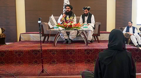 Afghanistan Foreign Minister Amir Khan Muttaqi during a press conference, in New Delhi, Sunday, Oct. 12, 2025.