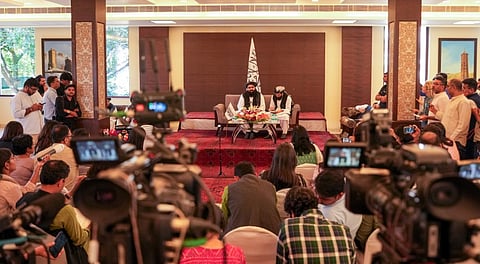Media representatives gather during Afghanistan Foreign Minister Amir Khan Muttaqi's press conference, in New Delhi, Sunday, Oct. 12, 2025.