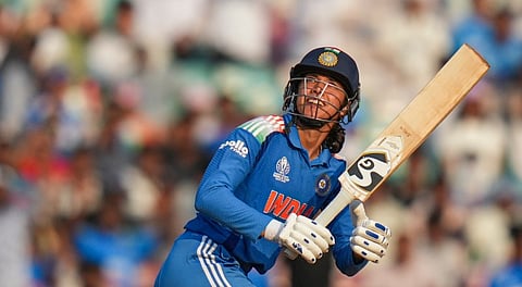 India's Smriti Mandhana after playing a shot during an ICC Women's World Cup ODI cricket match between India Women and New Zealand Women, at the DY Patil Stadium, in Navi Mumbai, Thursday, Oct. 23, 2025.