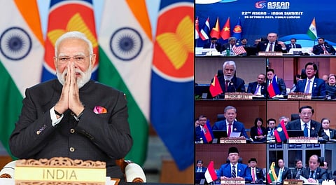 Prime Minister Narendra Modi virtually addresses the India-ASEAN (Association of Southeast Asian Nations) Annual Summit via video conferencing, in New Delhi. 