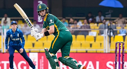 South Africa's Laura Wolvaardt plays a shot during the first semi-final of the ICC Women's Cricket World Cup 2025 One-Day International (ODI) match between South Africa and England, at ACA Stadium, in Guwahati, Assam, Wednesday, Oct. 29, 2025.