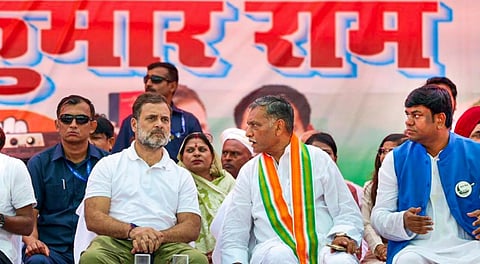 Congress leader and Leader of Opposition in the Lok Sabha Rahul Gandhi, the party's Bihar President Akhilesh Prasad Singh, Vikassheel Insan Party (VIP) chief Mukesh Sahni and others during a public meeting ahead of the state Assembly elections, in Muzaffarpur.
