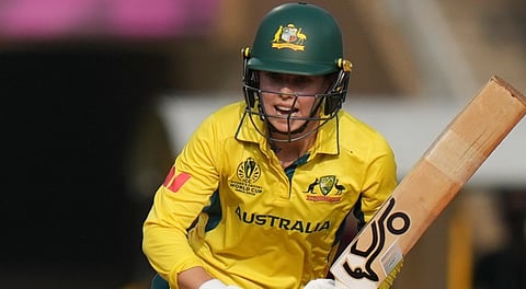 Australia's Phoebe Litchfield plays a shot during an ICC Women's World Cup semifinal ODI cricket match between India Women and Australia Women, at the DY Patil Stadium, in Navi Mumbai, Thursday, Oct. 30, 2025.