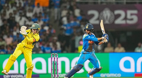 India's Jemimah Rodrigues plays a shot during an ICC Women's World Cup semifinal ODI cricket match between India Women and Australia Women, at the DY Patil Stadium, in Navi Mumbai, Thursday, Oct. 30, 2025.