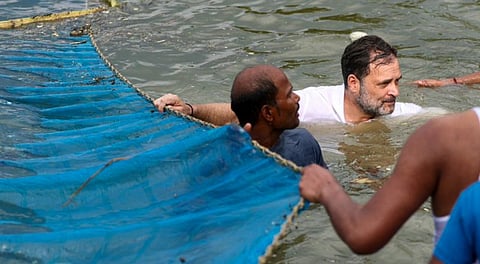 In this image received on Nov. 2, 2025, LoP in the Lok Sabha and Congress leader Rahul Gandhi during an interaction with fishermen, in Begusarai, Bihar.