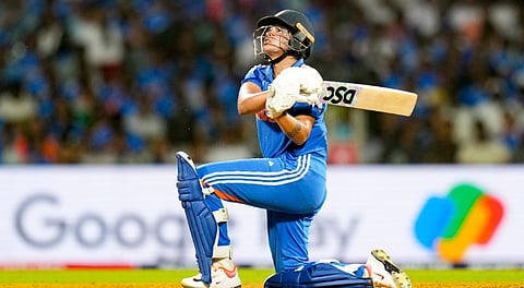 India's Shafali Verma plays a shot during the ICC Women's World Cup final ODI cricket match between India Women and South Africa Women, at the DY Patil Stadium, in Navi Mumbai, Sunday, Nov. 2, 2025. 
