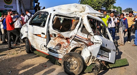 Rajasthan freak accident involving a dumber truck that hit many vehicles.