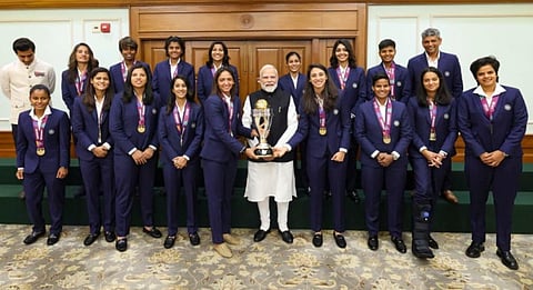 Prime Minister Narendra Modi meets the Indian Women's World Cup-winning team at his residence, in New Delhi on Nov. 5, 2025.