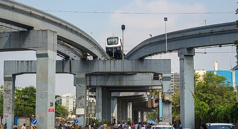 A monorail train tilted during a test run, at Wadala depot in Mumbai, Wednesday, Nov. 5, 2025. 