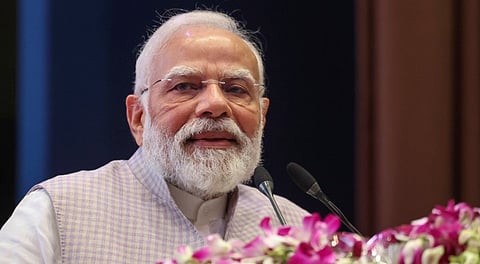 Prime Minister Narendra Modi speaks during the inauguration of national conference on strengthening legal aid delivery mechanisms, at the Supreme Court, in New Delhi on Nov. 8, 2025.