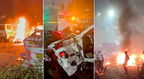 In this combo of 3 images, rescue work underway amid mangled remains of vehicles after a blast occurred in a parked car near Red Fort, leaving multiple vehicles in flames, in New Delhi, Monday, Nov. 10, 2025.