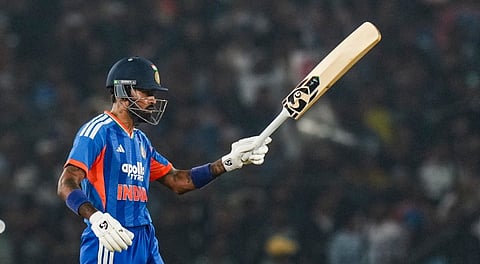 India's Hardik Pandya celebrates his half-century during the first T20I cricket match between India and South Africa at Barabati Stadium, in Cuttack, Tuesday, Dec. 9, 2025.