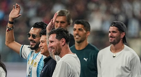 Sachin Tendulkar met Lionel Messi and his Inter Miami teammates Rodrigo De Paul and Luis Suarez at the Wankhede Stadium in Mumbai on December 14, 2025, during the 'GOAT India Tour 2025'.