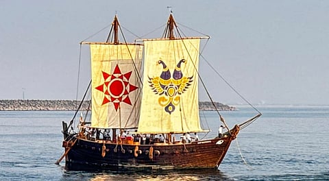 INSV Kaundinya, the Indian Navy's stitched sailing vessel built using ancient Indian techniques, embarks on its maiden voyage to Muscat, Oman, on Dec. 29, 2025, retracing historic maritime links with the Gulf region. 