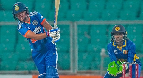 India's captain Harmanpreet Kaur plays a shot during the fifth T20 International cricket match of a series between India Women and Sri Lanka Women, at Greenfield International Stadium, in Thiruvananthapuram, Kerala, Tuesday, Dec. 30, 2025.